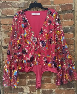 Southern Fried Chics 3XL All Gussied Up Bodysuit Bell Sleeve Pink Sequin Party - Picture 1 of 6