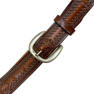 Mens Belt Brown Embossed Leather 36-39" Holes Silvertone Buckle Unbranded - Picture 1 of 12