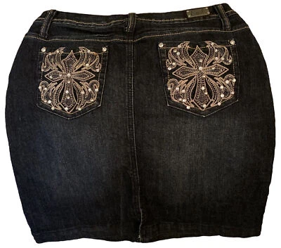 Denim Mini Skirt Earl Jean Bling Cross Dark Wash Women’s Sz 8 Country Concert - Image 1 of 4