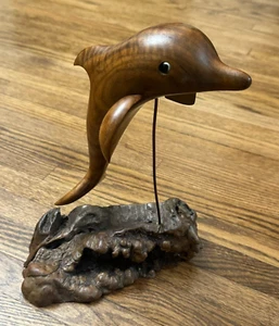 VTG Hand Carved Burl Wood Dolphin Walnut Figurine Statue, 1980 Artist Signed - Picture 1 of 9