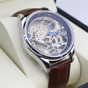 Men's Skeleton Bridge Movement Automatic Mechanical Watch Silver brown Leather - Picture 1 of 17