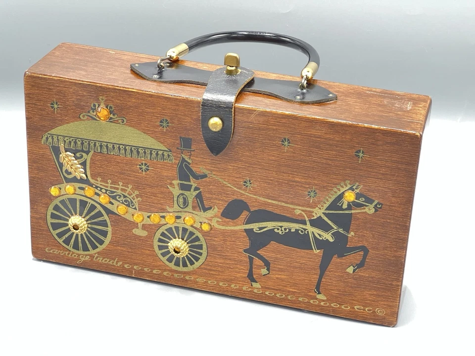Vintage Anos 60 Madeira Enid Collins Of Texas Caixa Bolsa de Mão Carruagem Comércio 1962 Cavalo - Imagem 1 de 4