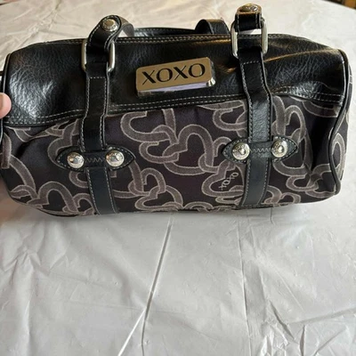 XOXO Black Round Handbag Purse Double Handle Heart Design - Image 1 of 4