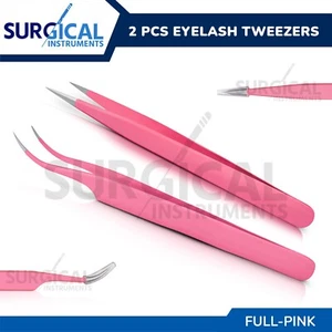2 Pcs Eyelash Extension Tweezers Straight & Curved Stainless Set (pink) German G - Picture 1 of 12