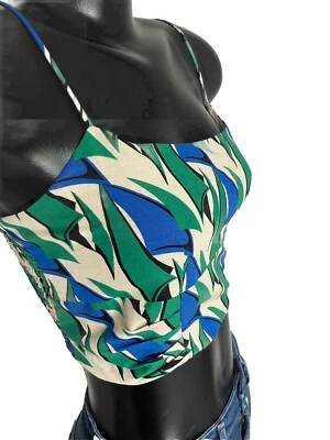 Новый с Ярлыками! ZARA напечатано зеленый и синий полу облегающий льняной смеси урожая верхний новый! МАЛЕНЬКИЙ - Изображение 1 из 4