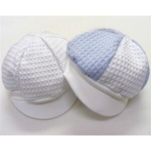 NEW Boys White / Blue Waffle Cotton Cap Hat - SUMMER Made in UK 0-6 MONTHS