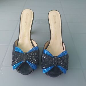 Gianmarco Lorenzi peep toe Big Bow stiletto heels 4" black Blue UK Size 7. Used 