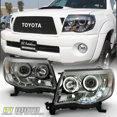 For Smoked 2005-2011 Toyota Tacoma LED DRL Halo Projector Headlights Left+Right - Image 1 of 4