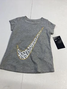 Nike Girls Gray Short Sleeve Top Multi Color Cheetah Print Swoosh Size 4(NWT) - Picture 1 of 11