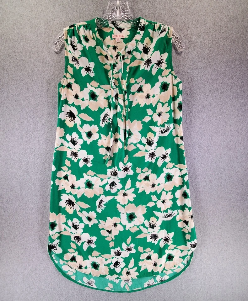 Merona Green Beige White Black Floral Sleeveless Drawstring Neck Shift Dress XS - Image 1 of 4
