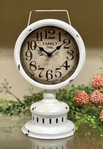 NEW PRIMITIVE Farmhouse Table CLOCK Chippy White Finish Metal Cottage 9.5" T - Picture 1 of 3