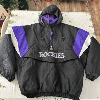 Jaqueta de beisebol vintage Colorado Rockies Starter masculina grande preta roxa MLB anos 90 - Imagem 1 de 4