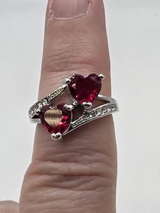 Double Heart Red Rhinestone Silvertone Ring Size 7 - Picture 1 of 4