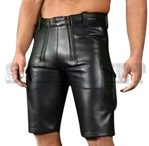 Mens Real Leather Black Cargo Shorts with Double Zip Carpenter Utility Shorts - Picture 1 of 8