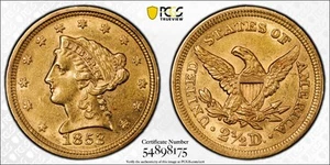 1853 US Gold $2.50 Liberty Head Quarter Eagle PCGS Graded AU 55 - Picture 1 of 5