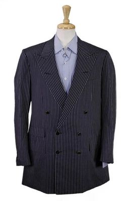 Blazer Edgar Pomeroy Lana A Medida Azul Marino Rayas Dorado Botón Doble Pecho 44XL Foto 1 de 4