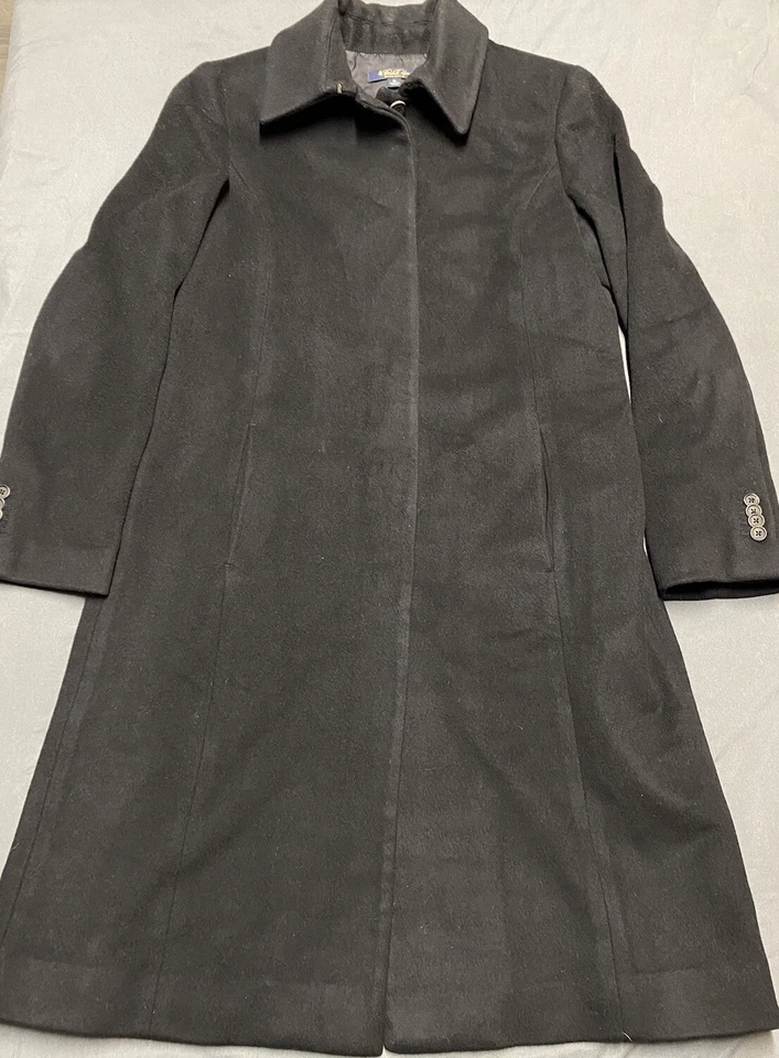 Brooks Brothers Loro Piana Wool Over Coat Womens 10 Black Lined Long Trench Read - Image 1 of 4