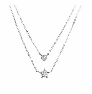Collana Donna Argento 925 Stella Oro Bianco Cristallo Doppia Catenina Punto Luce - Foto 1 di 3