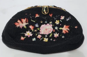 Vintage French Black Micro Beaded Embroided Point de Beauvais Clutch Purse - Picture 1 of 9