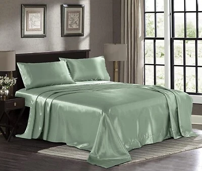 Champagne Green Full Size Satin Silky Sheet  With Pillowcase Microfiber - Image 1 of 4