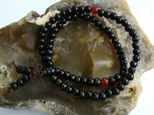 BLACK WOODEN WRIST MALA BRACELETE BUDDHIST MEDITATION HEALING 6mm 16inch - Picture 1 of 2
