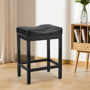 2pc Bar Stools Counter Height 24in Saddle Stools Metal Base & Footrest Kitchen - Picture 1 of 28