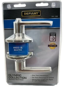 DEFIANT Olympic Bed & Bath Locking Door Lever Knob Stainless 721 193 New - Picture 1 of 5