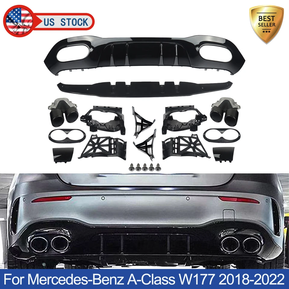 For Mercedes-Benz W177 Gloss Black A45 Look Rear Diffuser Bumper Lip Set - Imagem 1 de 4
