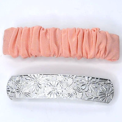 Grampos de cabelo barra L/2 vintage década de 1990 3" tom prata margarida rosa franzido barrette francês - Imagem 1 de 4