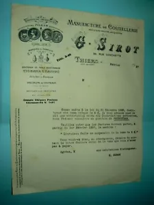 Lettre Ancienne Manufacture Coutellerie G SIROT Thiers 1937 Couteau Canif Usine - Foto 1 di 1