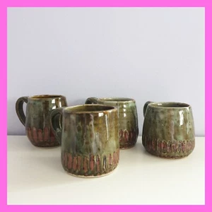 Art Pottery Studio Coffee Mugs Set Signed Green Brown Glaze Carved Set - Picture 1 of 20
