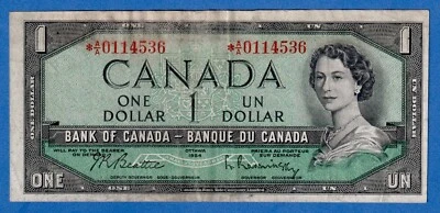 Canada $1 1954 BC-37bA / P-74b QE II REPLACEMENT NOTE (Circulated) *A/A 0114536 - Image 1 of 3