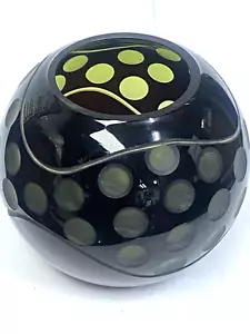 Mid Century Art Glass Hand Blown Black Olive Green Polka Dot Vase Candle Holder - Picture 1 of 4
