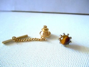 Vintage Men's Goldtone Round Prong Set Tiger Eye Tie Tack - Picture 1 of 4