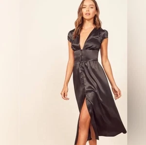Reformation Charleigh Dress Black Silk Midi Size 4 Puff Sleeve Cottagecore - Picture 1 of 15