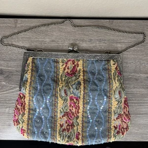 Vintage Christiana Tapestry Beaded Purse Stripe Floral Kiss Lock Chain Handle - Picture 1 of 11