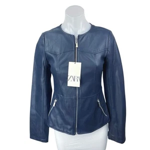 NEW Zara Women's Blue Faux Leather Long Sleeve Pockets Zip Moto Coat Jacket XS - Picture 1 of 5