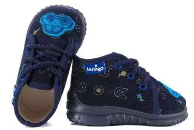LEMIGO Baby Kinder Hausschuhe Schnürschuh Cord Dunkelblau Car