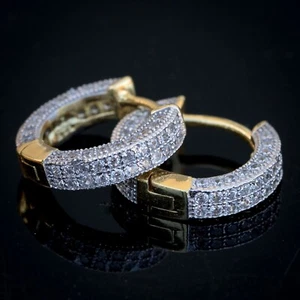 Men’s Small Two Tone Gold Plated Sterling Silver  Iced Cz Huggie Hoop Earrings - Picture 1 of 4