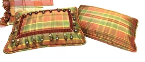 Small Gold and Red Plaid Bead Trim Handmade  Decorative Pillow Set   14 x 9 - Picture 1 of 5