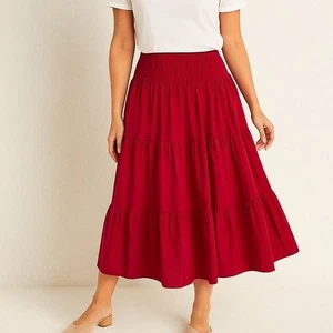 Hill House Womens Medium Maxi Skirt Red 100% Cotton Poplin Tiered Cottagecore - Picture 1 of 6