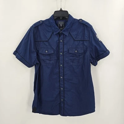 GUESS Shirt Mens L Slim Fit Western Button Up Short Sleeve Cotton Blue Patch - Image 1 of 2