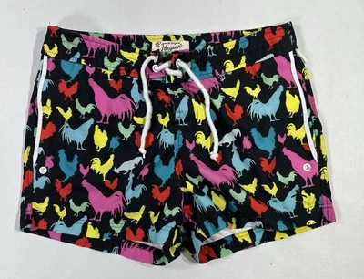 Penguin Swim Trunks 32 Rooster Print Colorful Drawstring Shorts Men’s M - Image 1 of 4