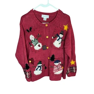Heavy Vintage Woman Red Snowman Embroidered Button Cardigan Sweater Size 1X - Picture 1 of 5