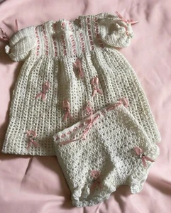 Handmade Crocheted Baby Girl Dress And Pants Size 6-9 Mo With Pink Accents - Picture 1 of 6