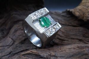 Palladium Art Deco Antique Emerald & Diamond Men Ring Sz 10 Weight 35.87 Grams!