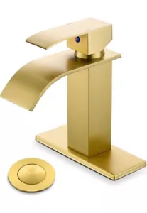Rubinetto bagno oro spazzolato beccuccio cascata scarico pop up moderno foro singolo - Foto 1 di 7