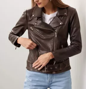 VEDA Leather Jacket Women XS Brown Distressed Worn Moto Full Zip Biker - Picture 1 of 16