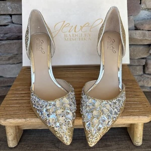 Designer Jewel Badgley Mischka Gold “Upton”Glitter And Jeweled Stiletto Size 10 - Picture 1 of 18