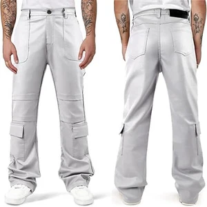 PVC Faux Leather White Cargo Pants for Men Stretch Casual Wear Bell Bottoms - Picture 1 of 3